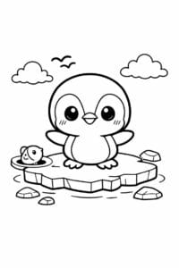 tegning af Pingvin på is – Chibi style