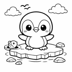 tegning af Pingvin på is - Chibi style
