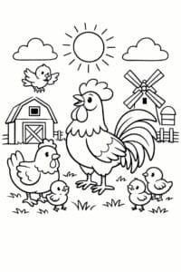 tegning af Hane på gård – Cartoon farm style