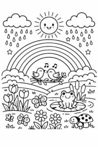 tegning af Regn og regnbue – Farverig scene
