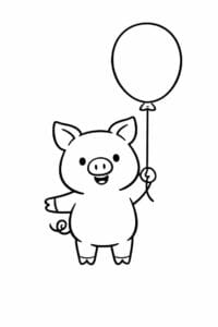 tegning af Gris med ballon – Sød tegneserie