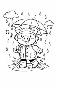 tegning af Gris i regn – Hverdagsscene