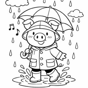 tegning af Gris i regn - Hverdagsscene