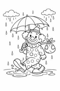 tegning af Klovn i regn – Hverdagsscene