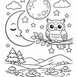tegning af Måne og ugle - Natur fantasy
