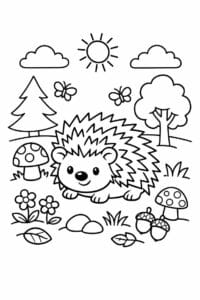 tegning af Pindsvin i skov – Naturscene