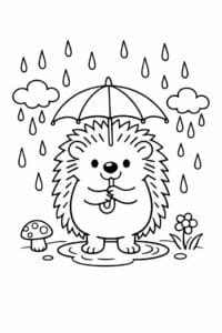 tegning af Pindsvin i regn – Hverdagsscene