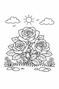 tegning af Rose med blade – Naturscene