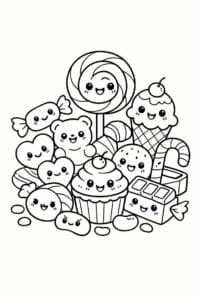 tegning af Slik med ansigter – Kawaii stil