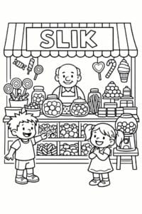 tegning af Slik butik – Historie scene