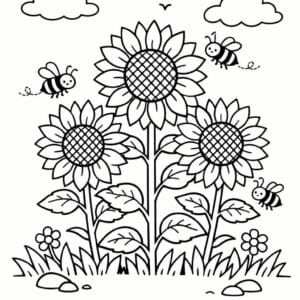 tegning af Solsikke med bier - Natur scene