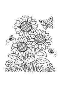 tegning af Solsikke med sommerfugl – Natur fantasy