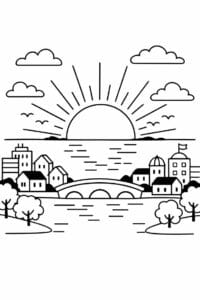 tegning af Solnedgang over by – Scene illustration