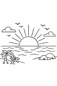 tegning af Solnedgang og fugle – Natur stil
