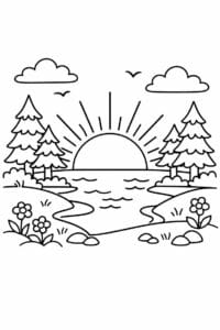 tegning af Solnedgang i skov – Naturscene