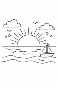 tegning af Solnedgang med båd – Rolig scene