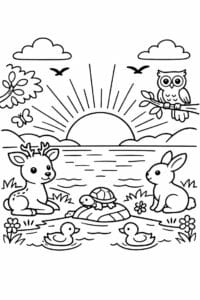 tegning af Solnedgang med dyr – Natur fantasy