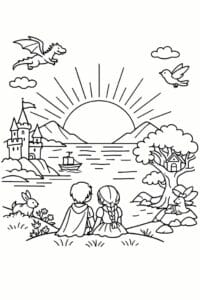 tegning af Solnedgang eventyr – Eventyr scene