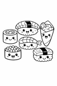 tegning af Sushi med ansigter – Kawaii stil