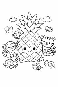 tegning af Ananas med dyr – Sød gruppe
