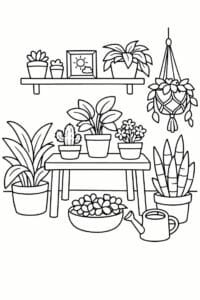tegning af Planter i hjem – Hverdagsscene