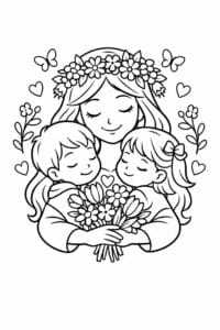 tegning af Mor med blomsterkrans – Eventyr stil