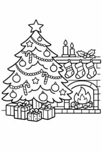 tegning af Juletræ ved pejs – Cozy and warm