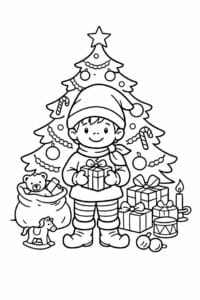 tegning af Nissedreng ved juletræ – Festive and simple