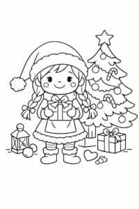 tegning af Nissepige ved juletræ – Festive and simple