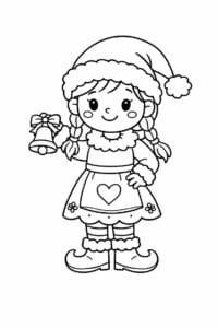 tegning af Nissepige med klokke – Merry and bright