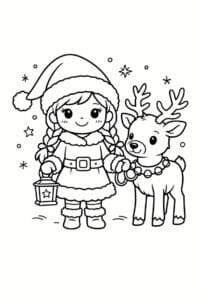 tegning af Nissepige med rensdyr – Magical and cute