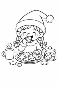 tegning af Nissepige spiser småkager – Funny and cozy