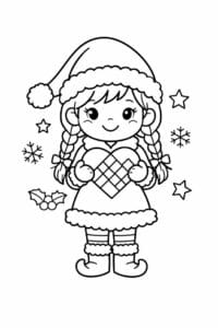 tegning af Nissepige med julehjerte – Cute and festive