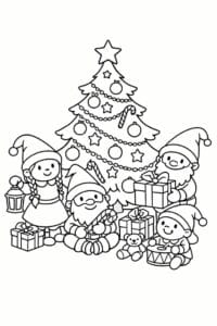 tegning af Nisser ved juletræ – Festive and simple