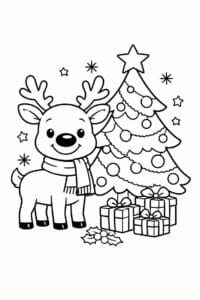 tegning af Rensdyr ved juletræ – Festive and simple