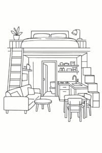 tegning af Tiny home interior – Minimal and warm