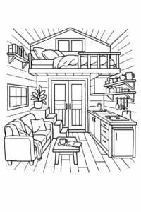 tegning af Tiny home living room – Warm and inviting