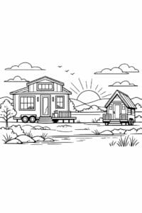 tegning af Tiny home at sunset – Warm and peaceful