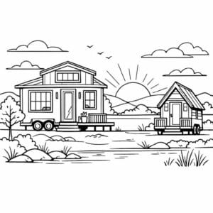 tegning af Tiny home at sunset - Warm and peaceful