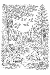 tegning af Skoven med dyreliv – Natural and detailed