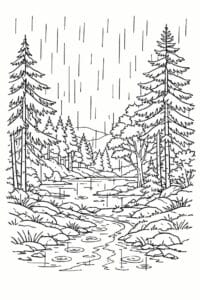 tegning af Skoven i regnvejr – Moody and calm
