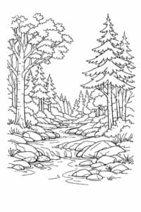 tegning af Skoven med bæk – Serene and fresh
