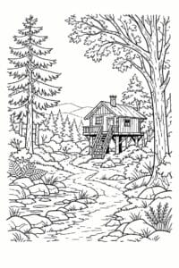 tegning af Skoven med træhytte – Cozy and rustic