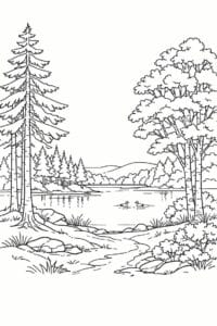 tegning af Skoven ved sø – Calm and scenic