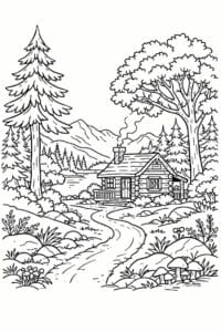 tegning af Skoven med hyggelig hytte – Cozy and warm
