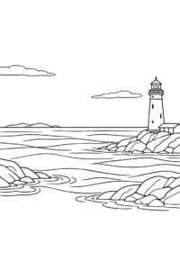 tegning af Havet med fyrtårn – Coastal and calm