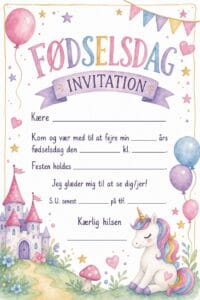 skabelon af Fødselsdags invitiation til børn – Eventyrlig akvarel
