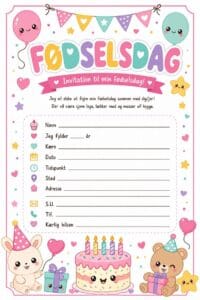 skabelon af Fødselsdags invitiation til børn – Kawaii illustration