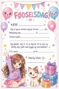 skabelon af Fødselsdags invitiation til børn – Kawaii watercolor childrens book illustration med anime tema
