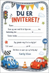 skabelon af Fødselsdags invitiation til børn – Kawaii watercolor childrens book illustration med bil tema